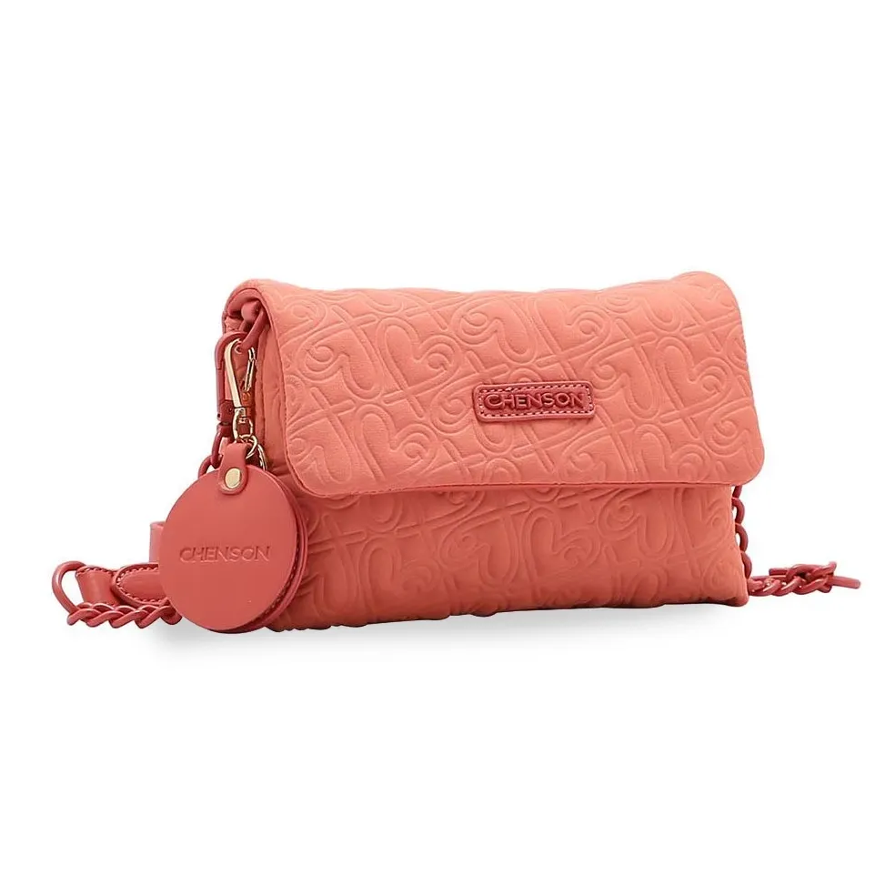 Bolsa feminina Chenson Heart Cool coral em PU com textura de corações em relevo, vista frontal